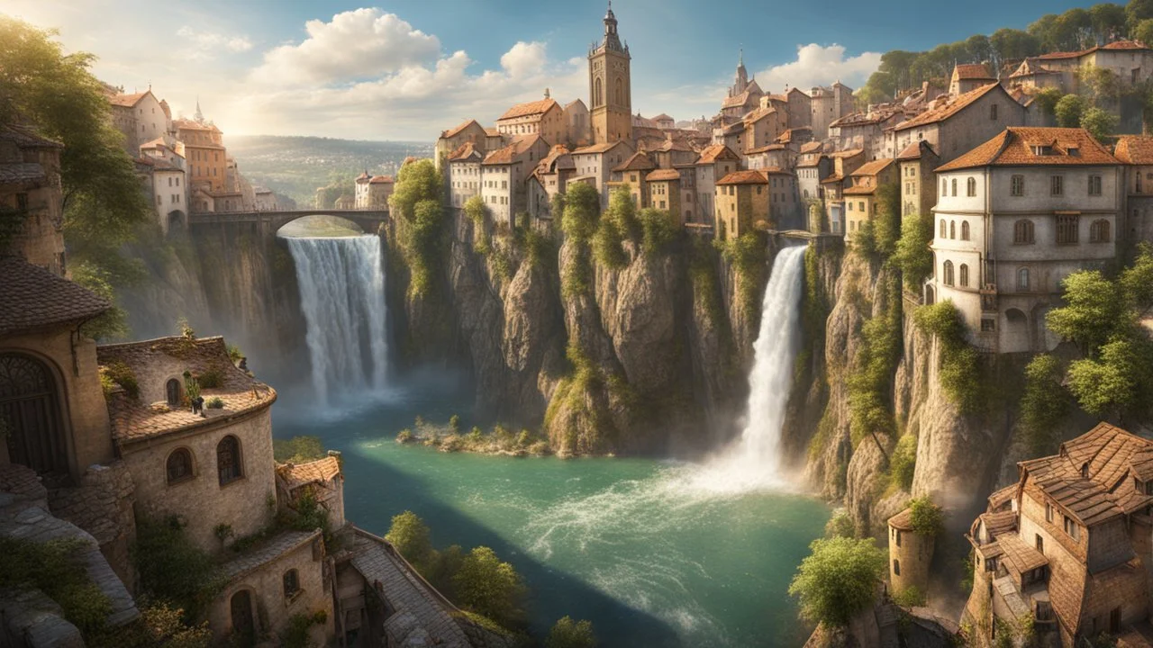 a wide waterfall falling into the middle of a medieval european city. The city is at the bottom at the end of a steep, narrow, 3.000 feet tall ravine. a masterpiece, fantasy concept art, dynamic lighting, hyperdetailed, intricately detailed, deep color, Unreal Engine, volumetric lighting, Epic cinematic brilliant stunning intricate meticulously detailed dramatic atmospheric maximalist digital matte painting