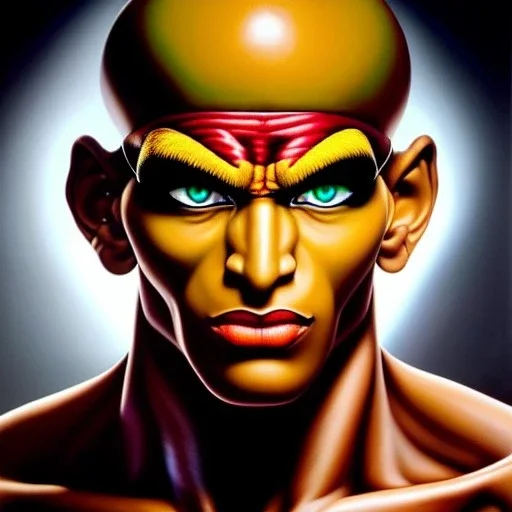 Ultra detailed fullbody Portrait in oil on canvas of Street Fighter- Dhalsim,extremely detailed digital painting,ultrarealistic skin,intense stare, extremely detailed face, crystal clear eyes, mystical colors ,perfectly centered image, perfect composition, rim light, beautiful lighting,masterpiece ,8k, stunning scene, raytracing, anatomically correct, in the style of Simon Bisley and Ohrai Noriyoshi and robert e howard and Steve Jung and frank frazetta.