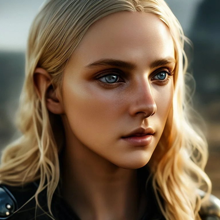 Photorealistic close-up of a beautiful blonde assassin with dystopian clothes and background