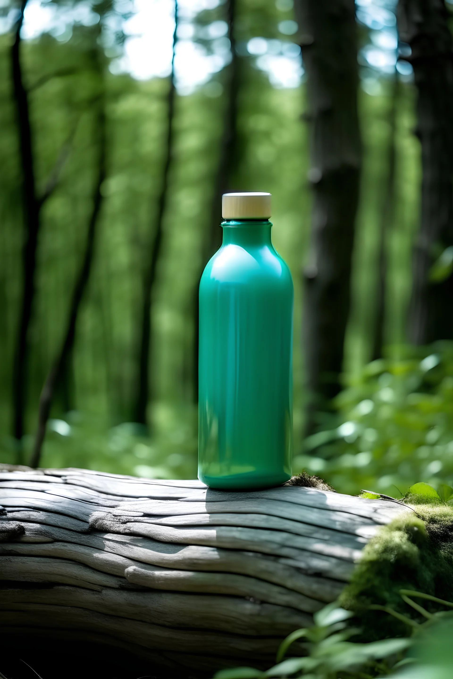 Mint water bottle on a tree trunk in nature, white background