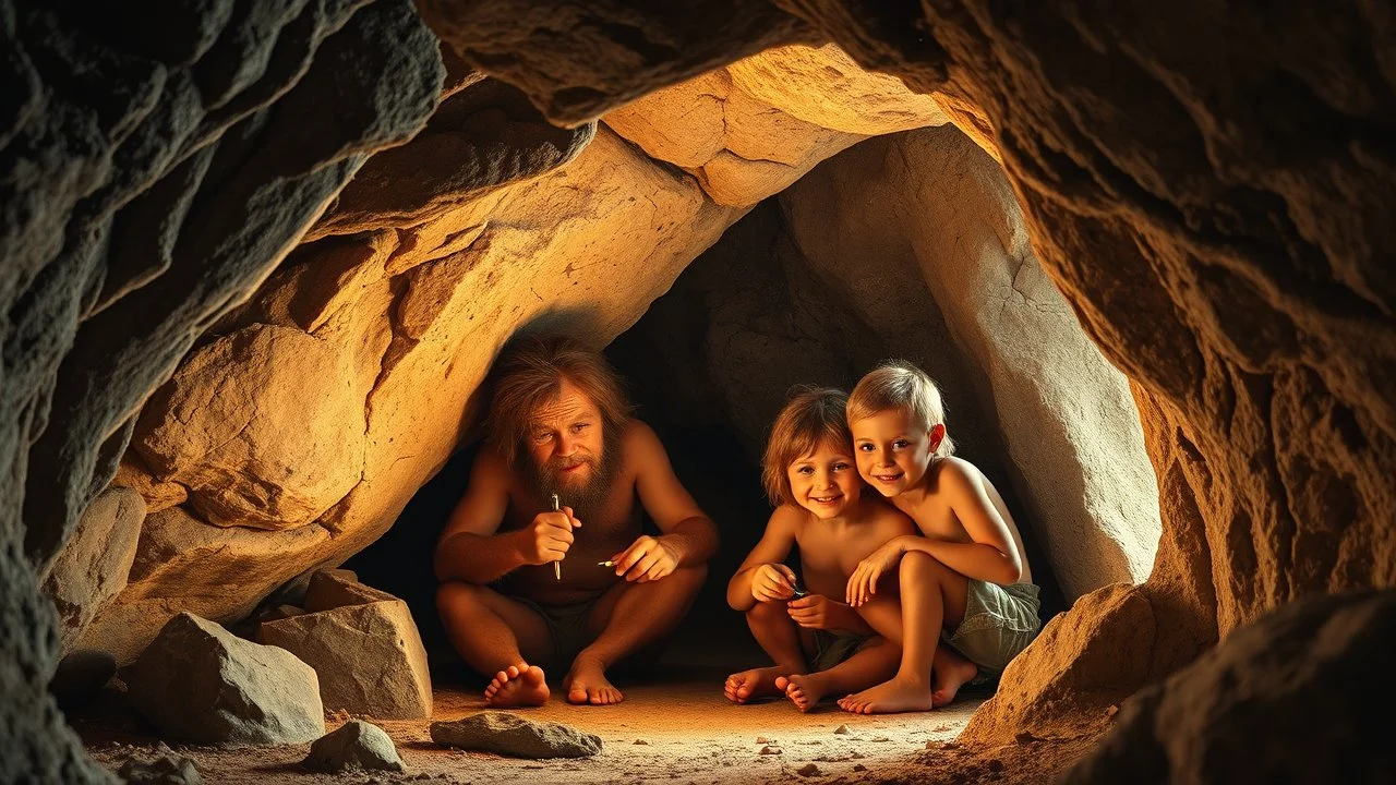 Neanderthal family living in a cave, stone age technology, happy children, colour photograph