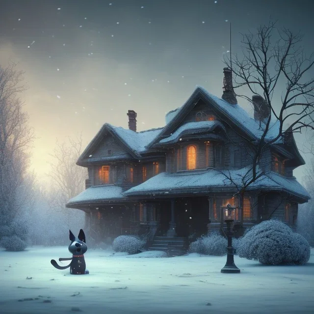 sad, abandoned, dog tied to a tree, short leash, with robed Grim Reaper nearby and house in background, winter, loneliness, 8k resolution, high-quality, fine-detail, iridescent, intricate, digital art, detailed matte, volumetric lighting, illustration, 3D octane render, by Jenny Jinya, Loving Reaper,