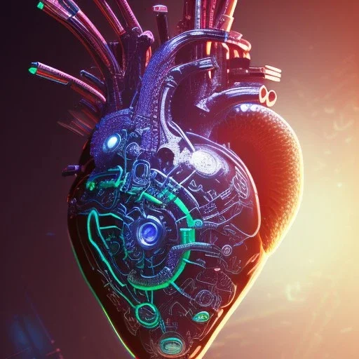  human heart, realistic, cyberpunk, hyperdetailed, intricately detailed, neon shining, dark red tones,