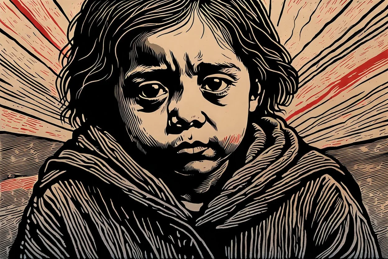 create a deeply powerful tragic, heart wrenching, and evocative, full body color woodcut of a raw and weathered young refugee child with highly detailed and deeply cut facial features, lost in a horrific post apocalyptic Gaza, in the style of KATHE KOLLWITZ , searing lines and forceful strokes