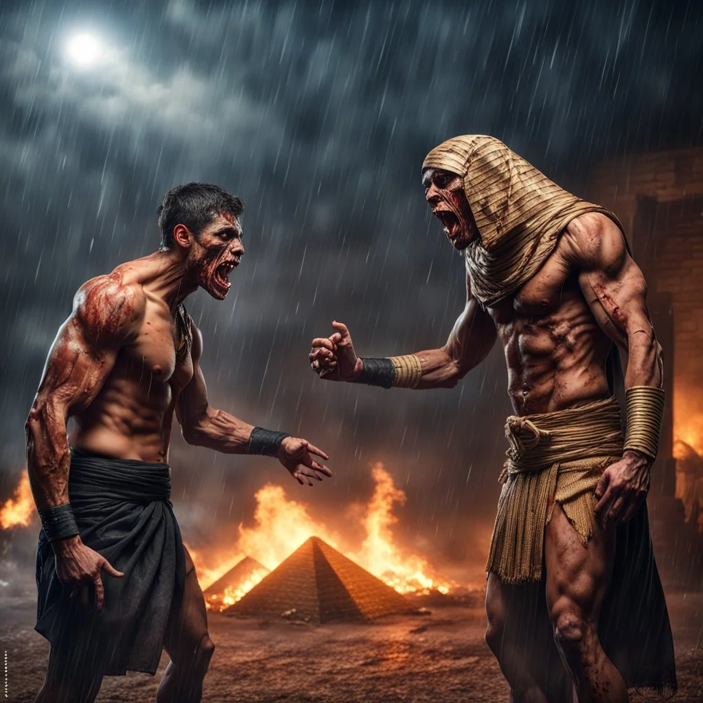 Hyper Realistic fight between Muscular Egyptian Mummy & a Muscular handsome male zombie in a heavy rainy night outside side a burning pyramid