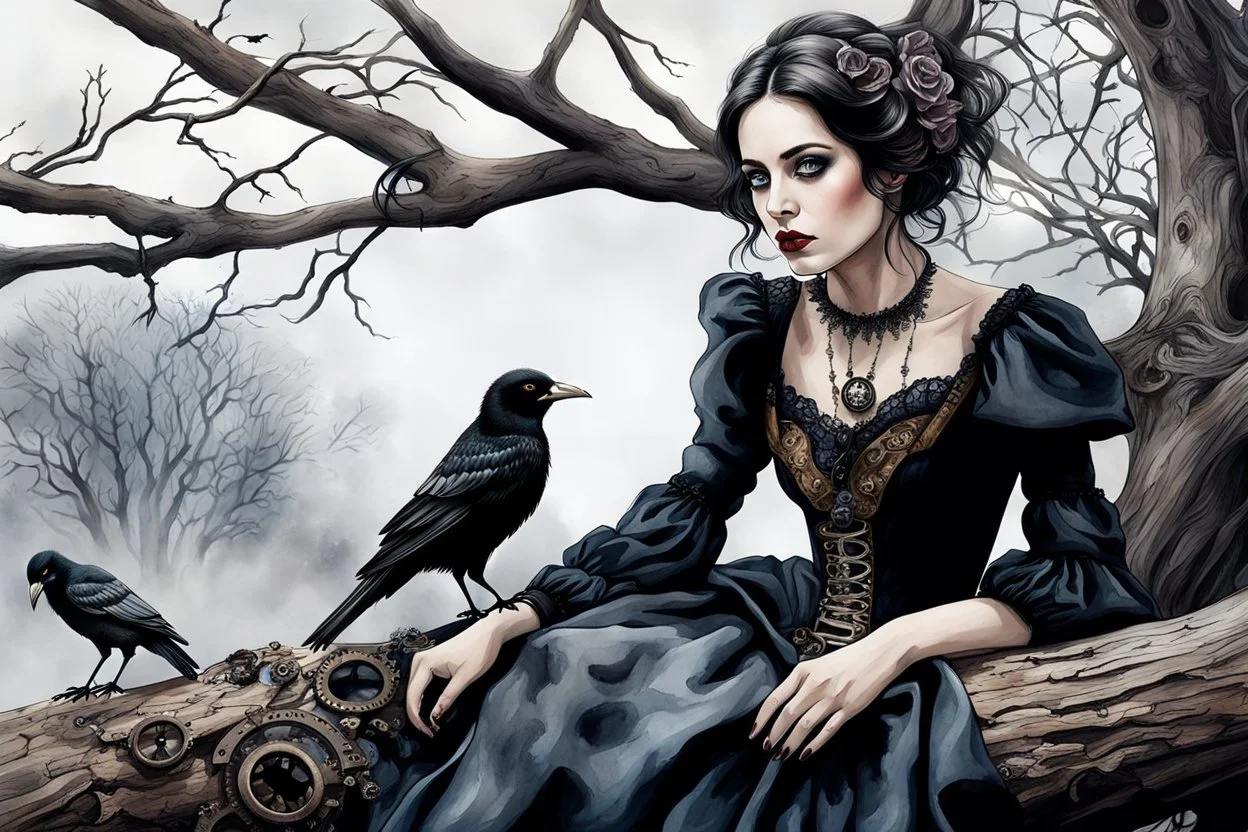 hyper realistic watercolor art style with ink of a steampunk gothic style young woman. She is like doll with pale skin, big dark eyes, tiny nose, tiny mouth, dark hair in gothic dress sitting on a dry tree branch. deep, dark colors, her face is melancholic, surreal with mysterious elements. fog, barren landscape, crows in the gray sky, thriller, weird style, smooth blending, extremely detailed, realistic textures, cinematic, dramatic lighting