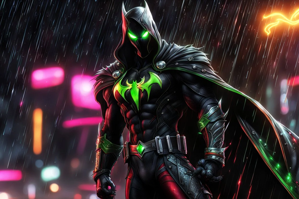 Spawn in 8k anime realistic drawing style, close picture, rain, neon lights, intricate details, highly detailed, high details, detailed portrait, masterpiece,ultra detailed, ultra quality