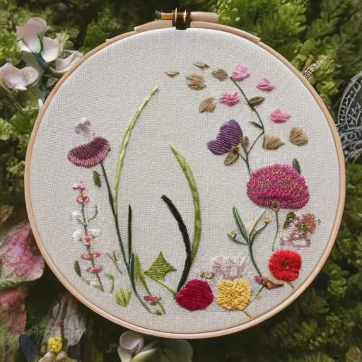 exquisite whimsical garden in embroidery hoop, intricate, highly detailed, linen and wood backdrop