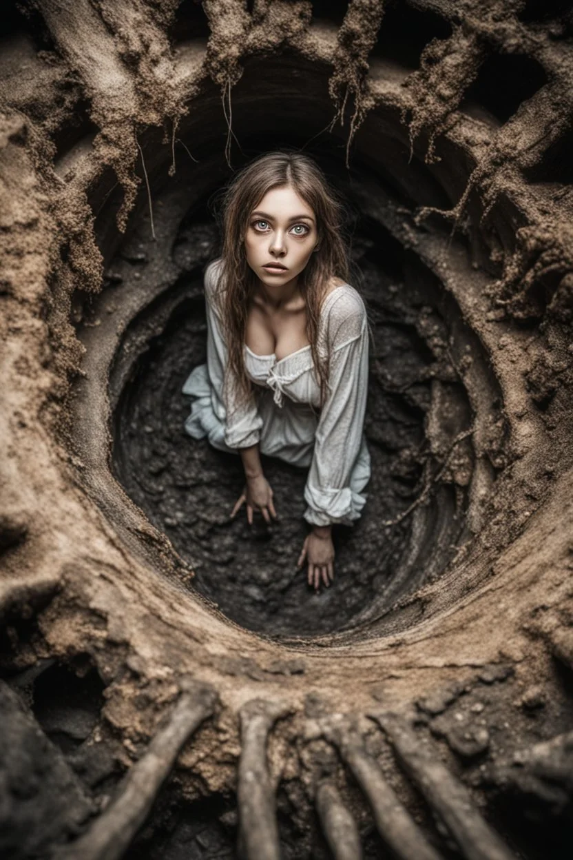 Closeup Girl siren with big eyes, fullbody, ragged clothes, extended like roots, the perspective looking up from the bottom of an empty well ,8k,macro photography,