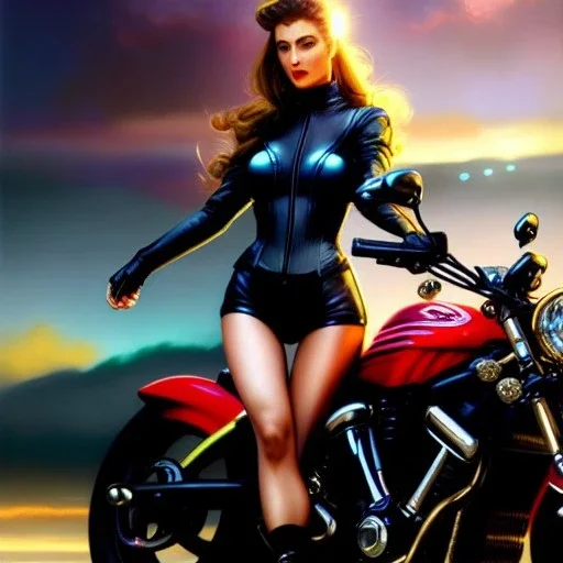 fullbody portrait 'beautiful face sexy Busty Female Biker riding a Superbike',looking at camera,hyperrealistic skin,Hyperrealistic crystal clear eyes,wearing skintight leather ,painting by gaston bussiere, greg rutkowski, yoji shinkawa, yoshitaka amano, tsutomu nihei, donato giancola, tim hildebrandt,Evan Lee,Akira-Raikou, oil on canvas, cinematic composition,sharp image, extreme detail,((fit full head inside picture)),32k