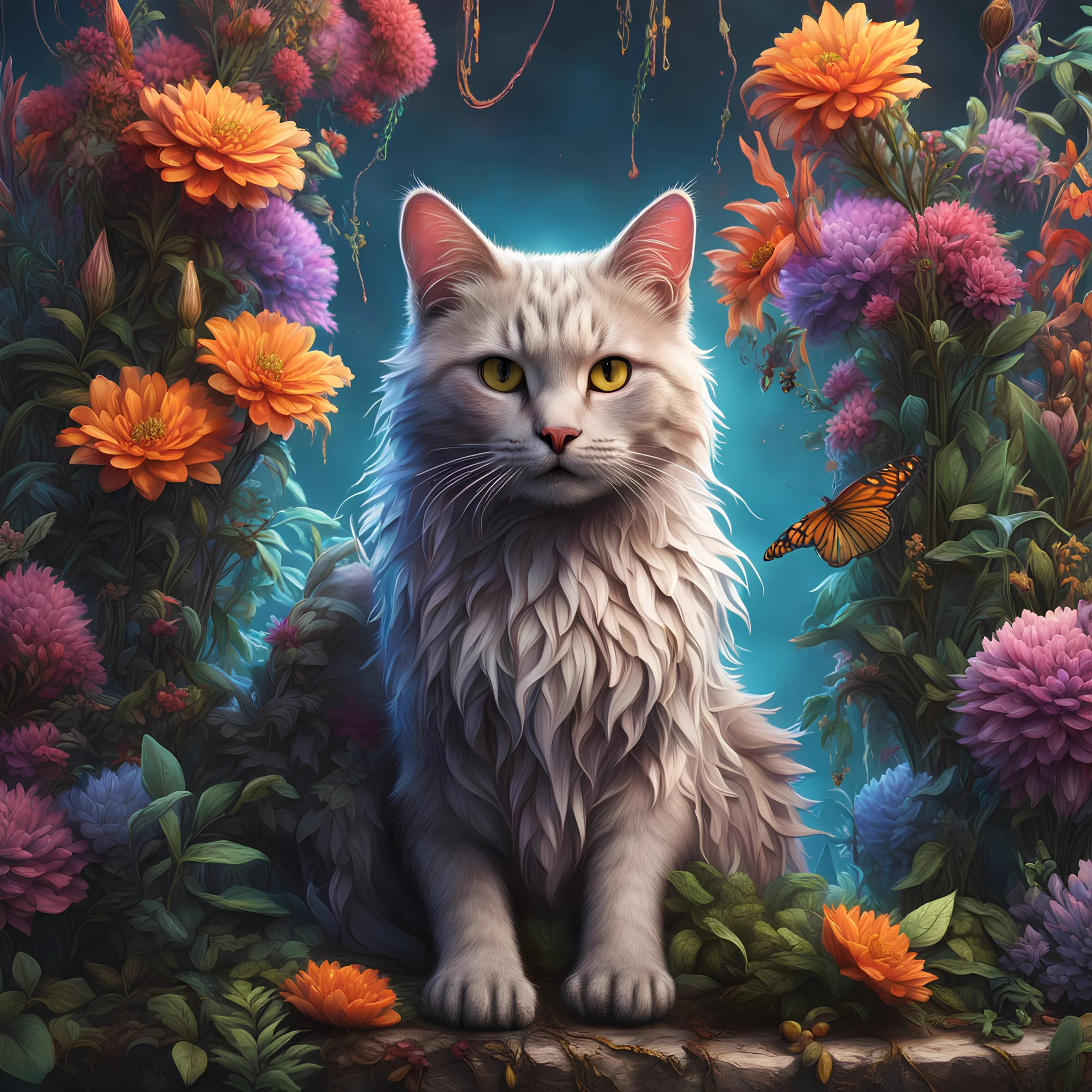 Expressively detailed and intricate 3d rendering of a hyperrealistic: cat, wide shot, cyberpunk plants and flowers, neon, vines, flying insect, front view, dripping colorful paint, tribalism, gothic, shamanism, cosmic fractals, dystopian, dendritic, artstation: award-winning: professional portrait: atmospheric: commanding: fantastical: clarity: 16k: ultra quality: striking: brilliance: stunning colors: amazing depth