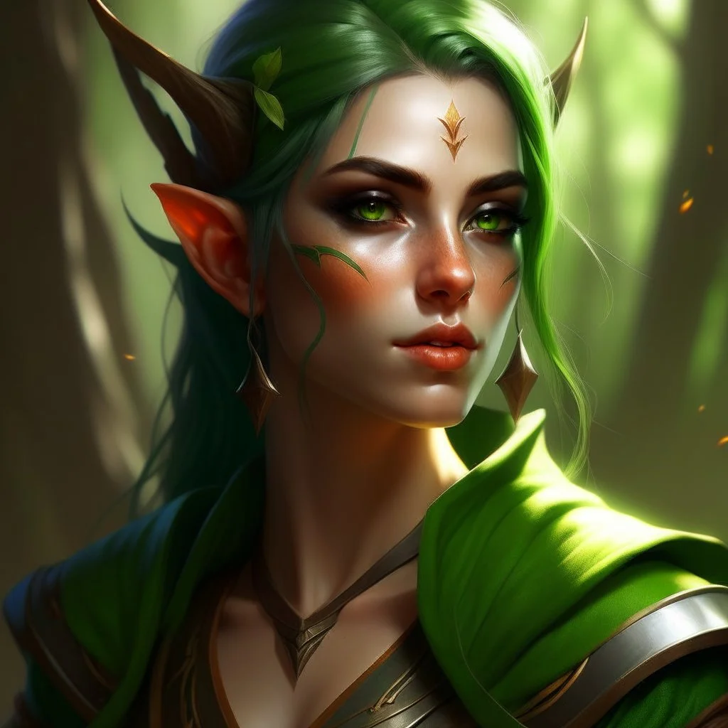 dnd, artistic, illustration, artstation, elf, feywild, bright green hair, green eyes, warrior, portrait