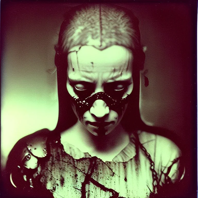 Photorealistic polaroid nothingness and distressing anguish old wooden figure wasteland night, Hieronymus Bosch, shot on Hasselblad, movie shot, details of the dress accentuated, nightmare, hypermaximalist, obsessive, hypnotic