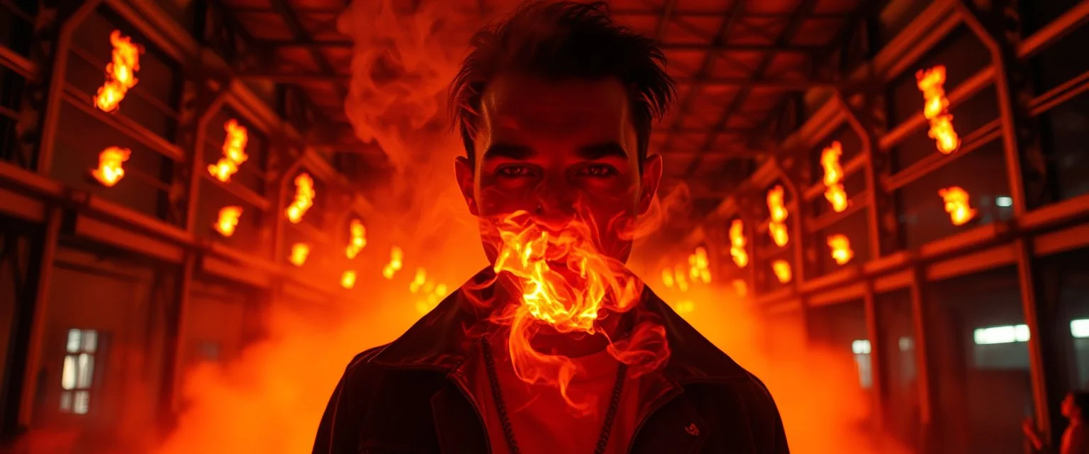 close up portrait of a plasma vampire flickers like hypnotic fire in A cavernous industrial warehouse becomes a fever-dream carnival of fire and smoke, lit exclusively by erratic strobes and the orange glow of unpredictable blazes. The world is drenched in soot, haze, and manic energy — walls drip with condensation, fire extinguishers become absurd props, and every surface reflects the flicker of flames being born and killed in seconds. The visual journey spirals from controlled chaos to full un
