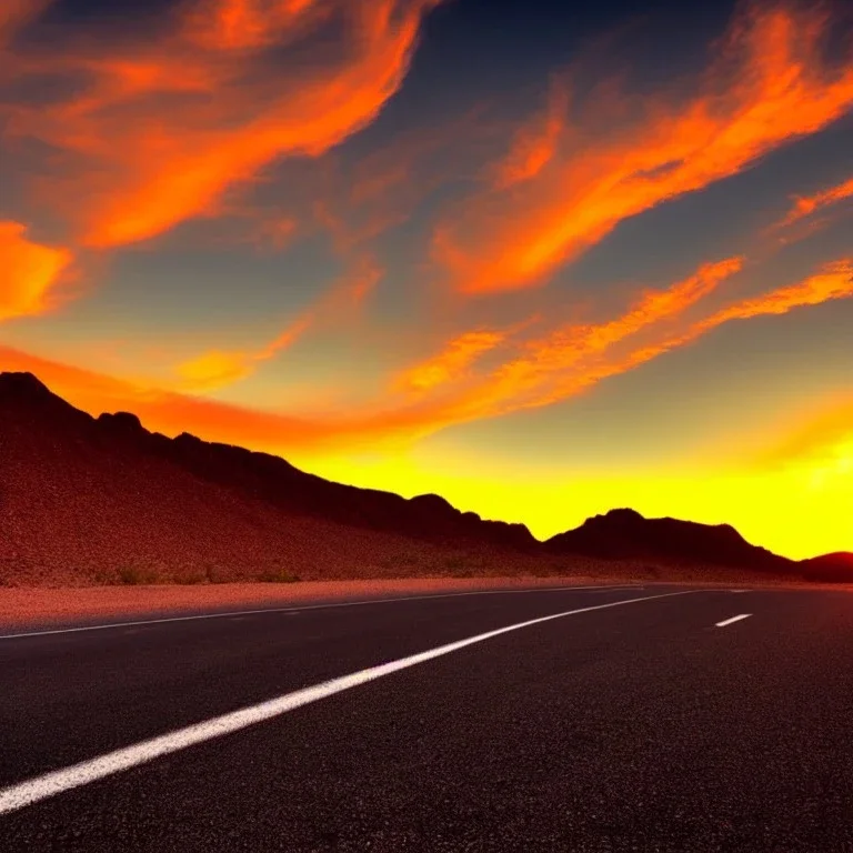 muscle car, desert road, sunset, full colour,