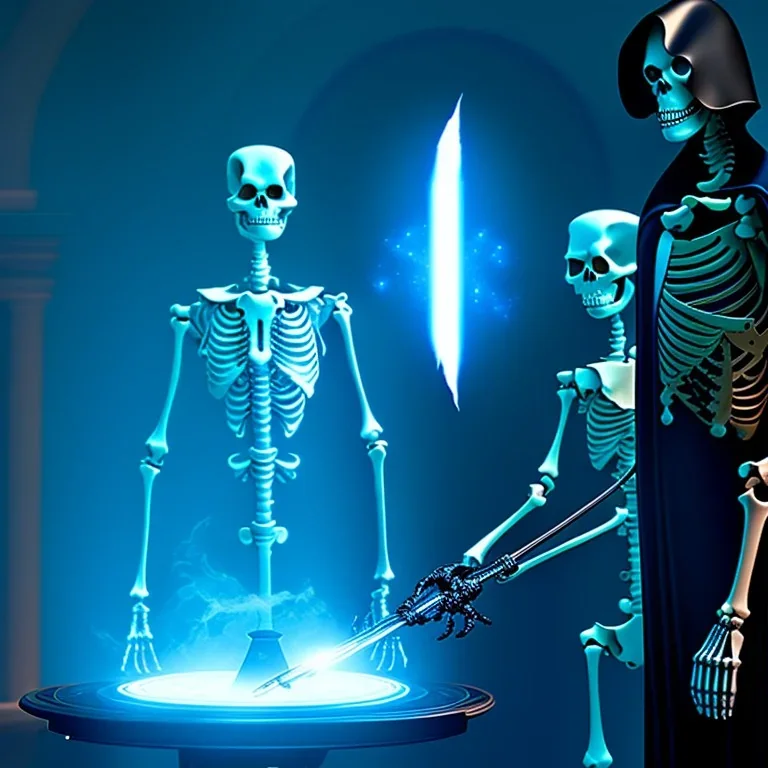 The Grim Reaper and the Skeleton in Tron world, discussing the future of the universe, art by Magritte and Pixar