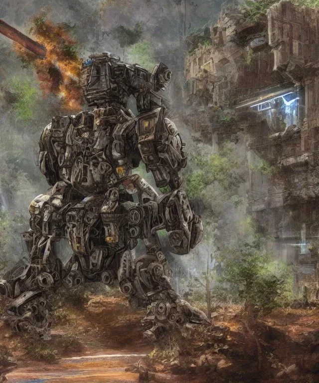 Large rusty destroyed mechwarrior with a giant sword stuck through it inside a futuristic ancient ruin with plants and animals