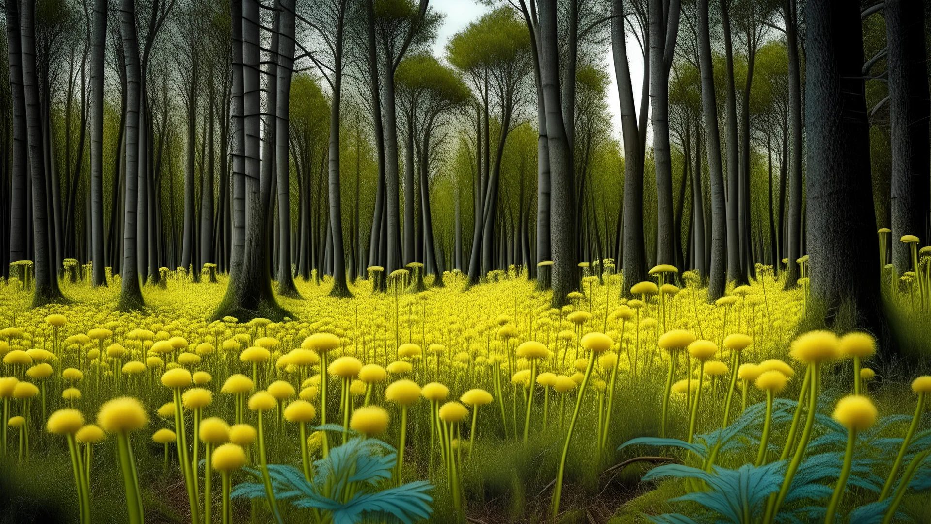 alien woodland trees looking like multi stemmed dandelions