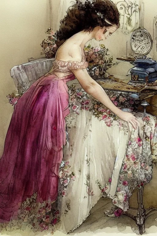 beautiful woman is ironing in beautiful floral dress in a luxurious room by Jean-Baptiste Monge, watercolor and ink