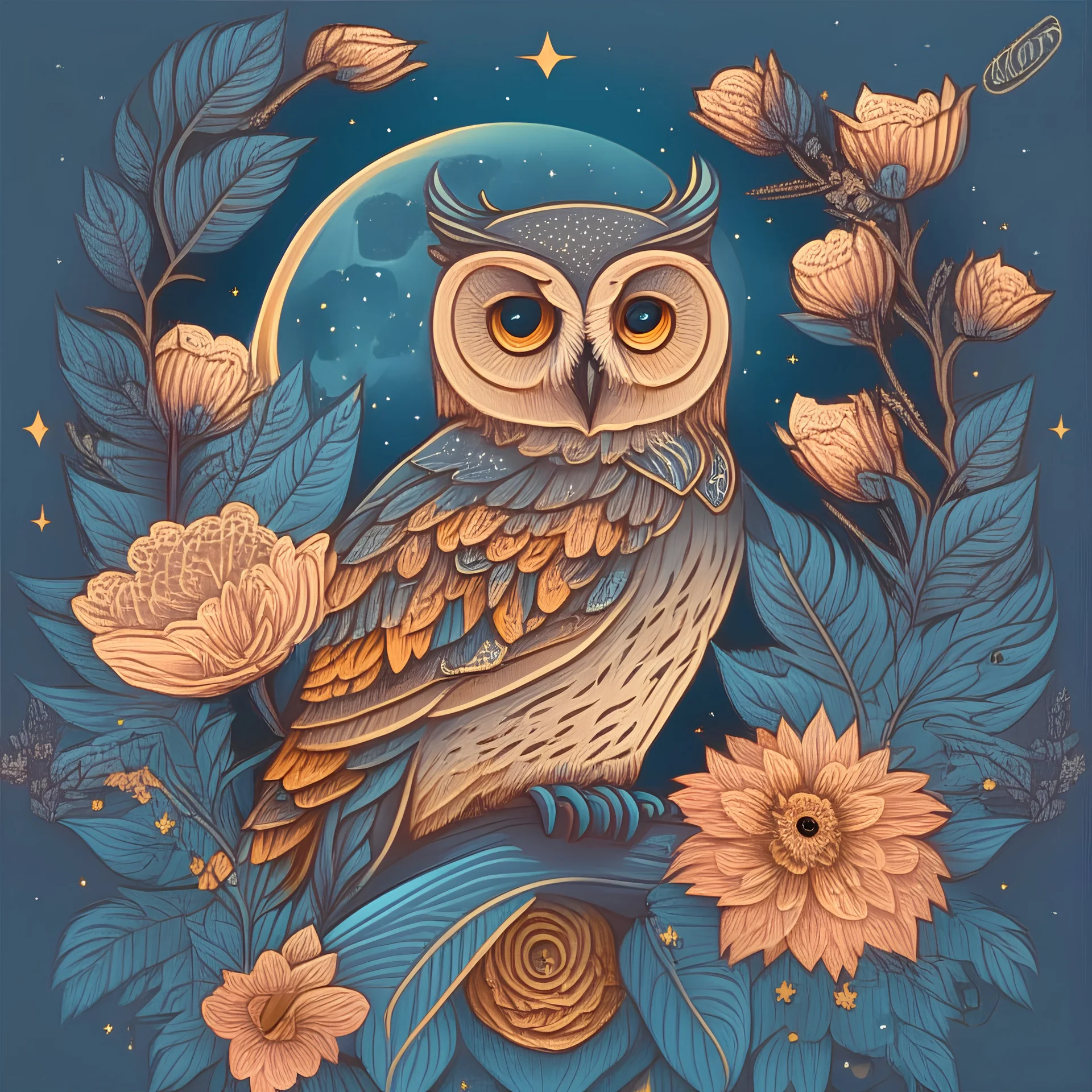 Best quality, masterpiece, ultra high res, detailed, illustration, design, flat vector style, high resolution, illustraTed, shadows and light, aesthetic, modern, ambient lighting, flat colors, vector illustration, owl, moon, leaves, stars, flowers, sailor jerry tattoo, old school tattoo