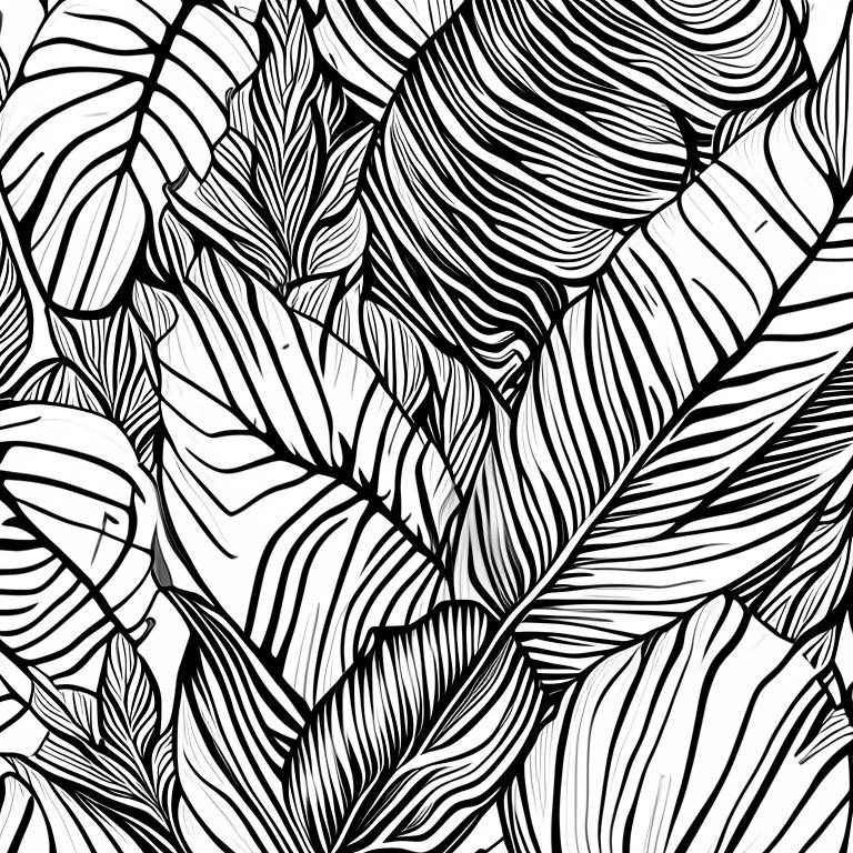 black and white banana leafs wallpaper pattern in vector lines, same line weight