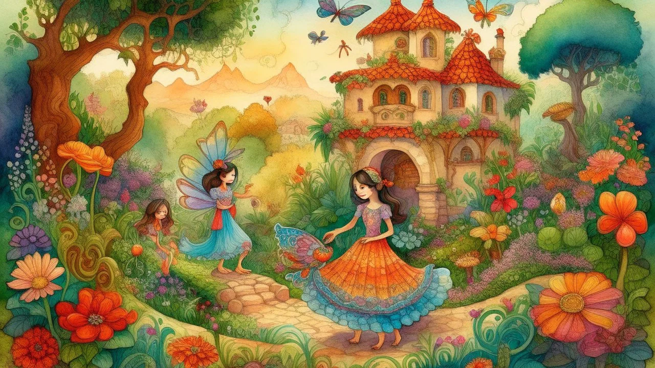 A vibrant watercolor illustration depicting a Mexican fairy tale, with intricate details of traditional clothing and architecture. The scene shows a magical creature granting a wish to a humble villager in a lush garden filled with colorful flowers and butterflies. The suffix adds a dreamlike quality to the overall composition, enhancing the whimsical atmosphere