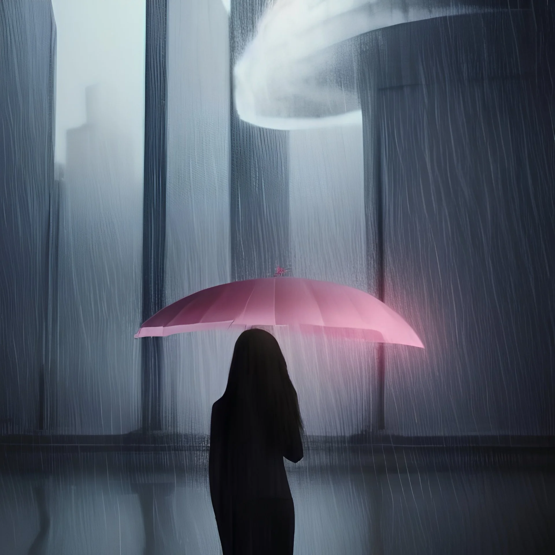 A princess standing. Epic scale. Heavy cold rain. Thunderstorm. An engineer looking up. Futuristic scenary. Gray mist.