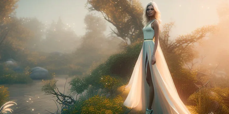 subtle queen, atmospheric, realistic, unreal engine, cinematic lighting, octane render, transparent long dress, blonde, full body, bright wings, smile, long hair