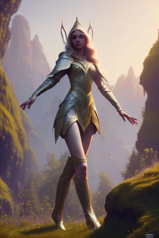 elven young woman, wearing light dress, happy expression, visible ultradetailed cute femine face armonious legs feet and hands, luminous weather, field in the mountains, ultra realistic, concept art, intricate details, highly detailed, photorealistic, octane render, 8 k, unreal engine, art by artgerm and greg rutkowski and charlie bowater and magali villeneuve and alphonse mucha