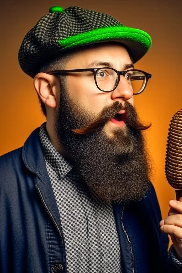 Man fires up with a microphone in his hand, wears glasses, hat, beard, looks like a clog.