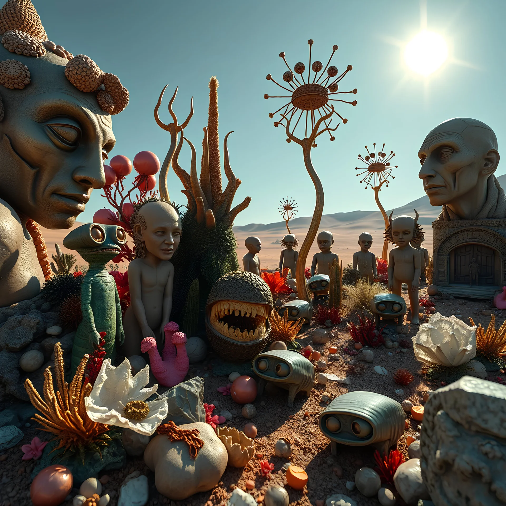 A striking photograph captures a sub-paracosm from a phantasmagorical universe made of glossy organic material, human statues, with group of plants and animals, eyes, teeth, figures, adorned with glossy minerals and rocks, eerie, wasteland, Yves Tanguy style, hypnotic, intense noon-light sun, 8k, deep 3d field, strong texture, extreme detail, intricate, colours, rich moody colors