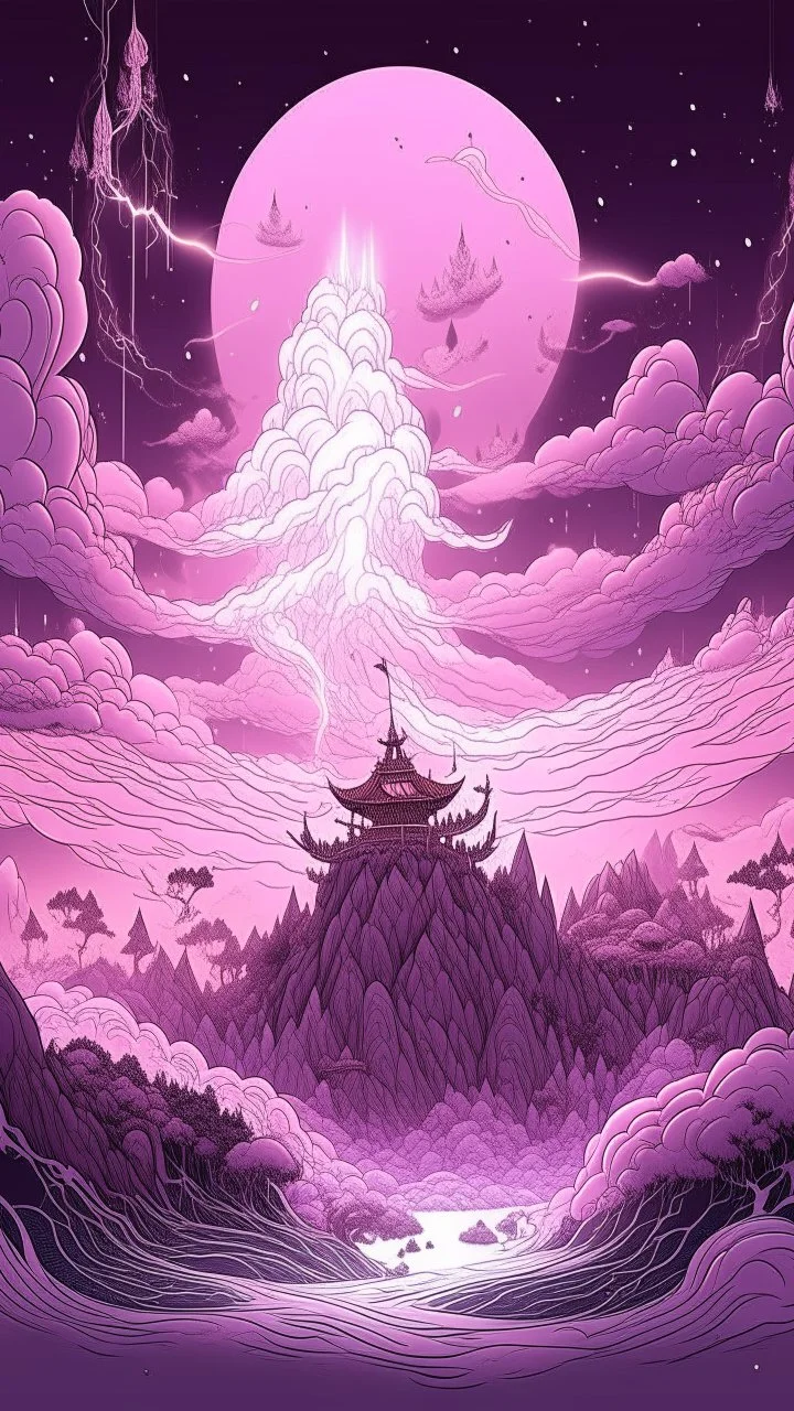 A pinkish light purple outer space with nebulous lightning designed in Javanese shadow puppets