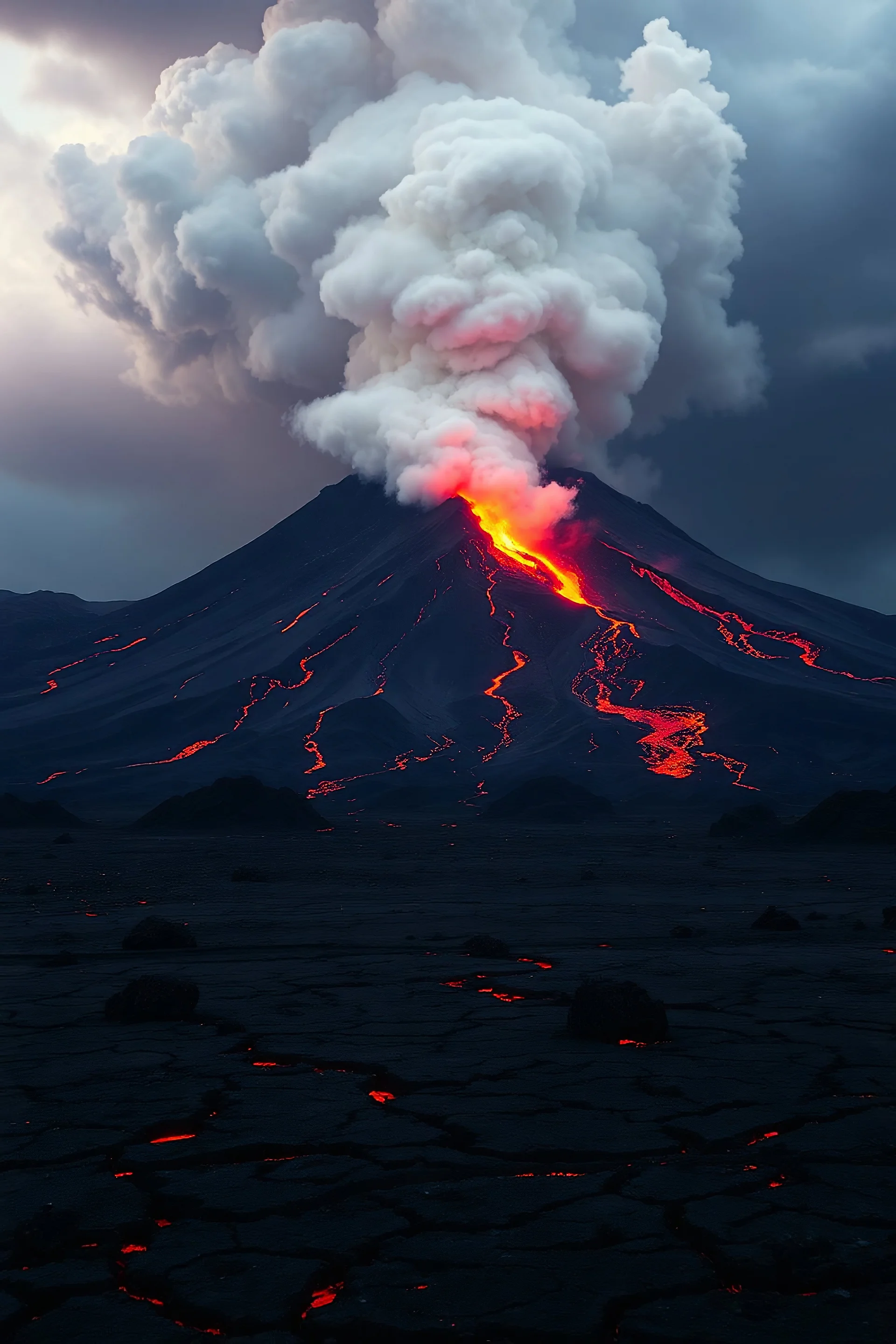 A dramatic volcanic landscape with a large, active volcano in the background. Rivers of lava flow down its sides, and thick clouds of volcanic ash swirl in the sky, creating an ominous, intense atmosphere. The land is barren and cracked, with glowing red from underneath.