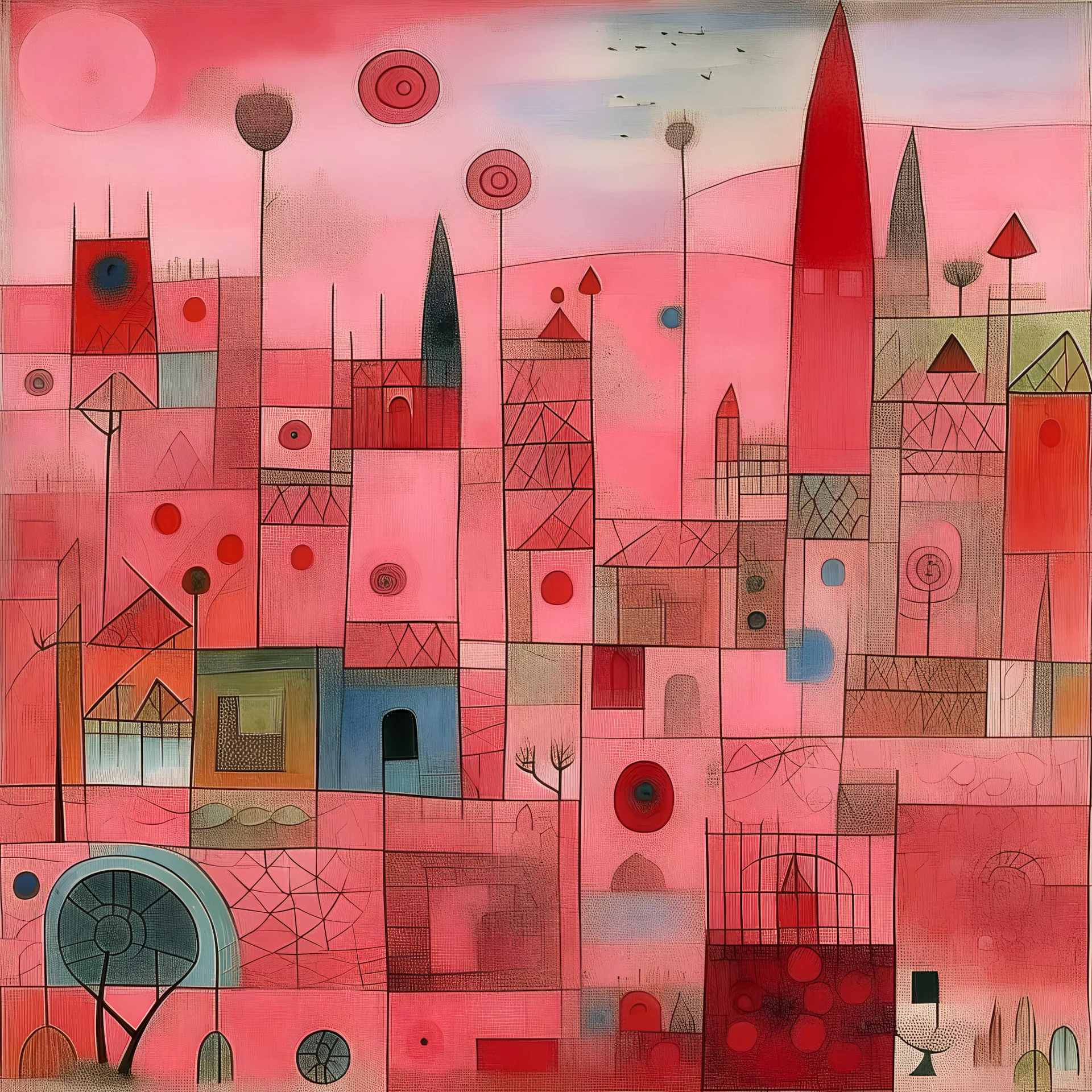 A pink magical realm painted by Paul Klee