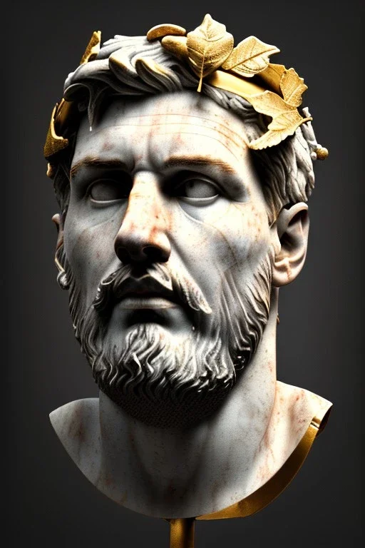 Ultra Realistic image, Roman sculpture, clean white marble material, Lionel Messi, gold Laurel leaves wreath, renaissance ornaments, one gold star, chisel style, waist up portrait, emperor style, epic, celestial, cinematic lighting, god light, 4k resolution, smooth details, ornate details, soft lighting, unreal engine 5, art station, substance 3d, art concept.