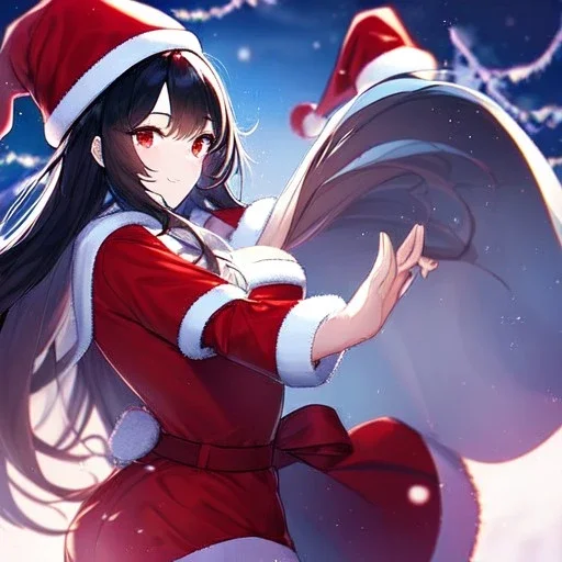 Clear focus, high resolution, black long fluffy hair, red eyes, wearing a chrimstas outfit, wearing a red short skirt, wearing a santa hat
