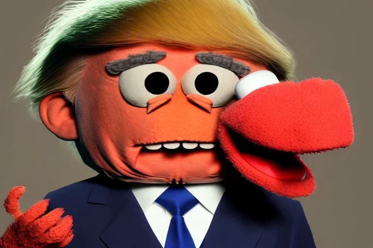 Angry muppet trump in a suit with a spray tan, No tongue. Wearing a MAGA cap, looking forward