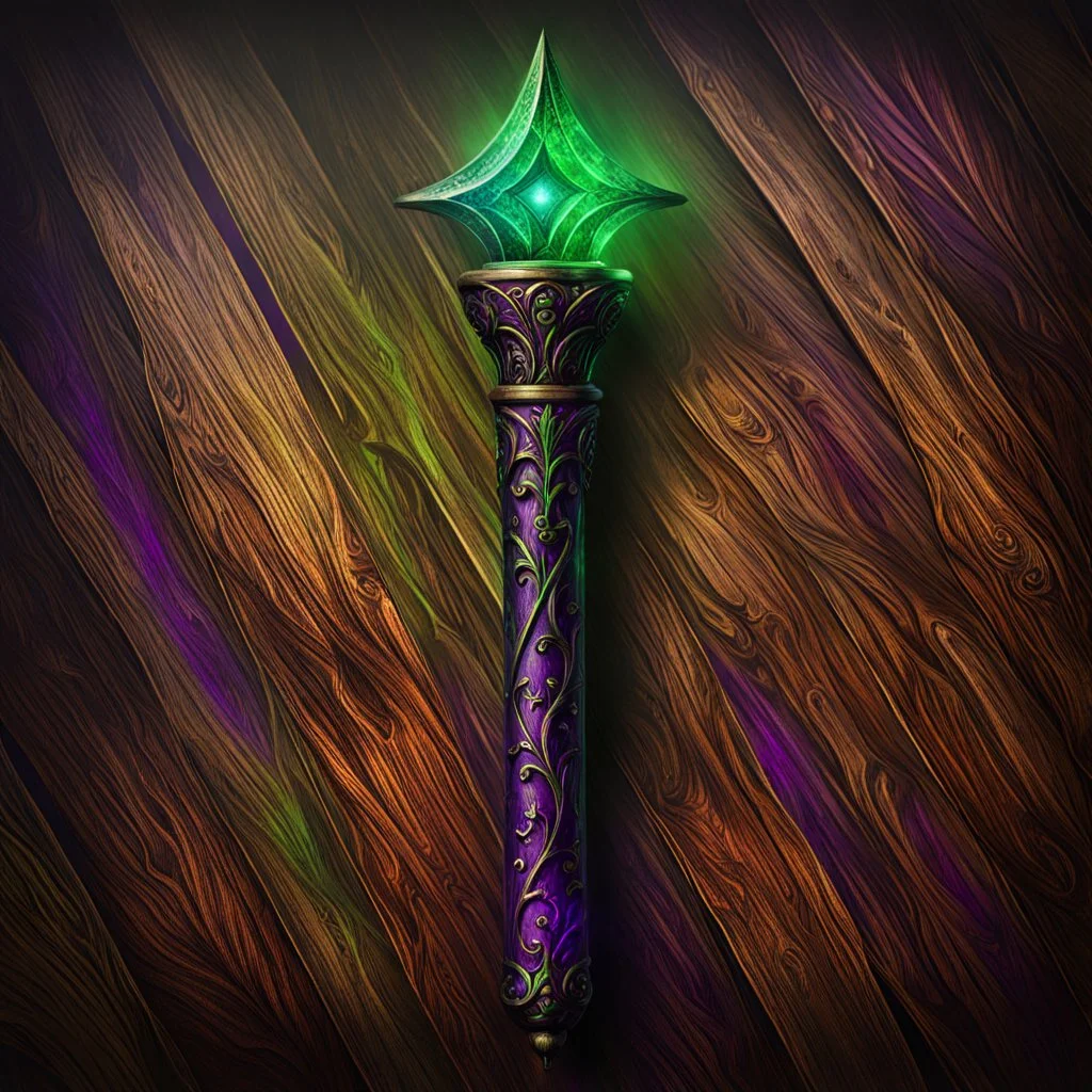 Closeup of an old, dark, wooden magical wand used for black magic. Poison-Green and violet details. Evil. Dark. Black magic. No detailed background.Magical. Epic. Dramatic, highly detailed, digital painting, masterpiece