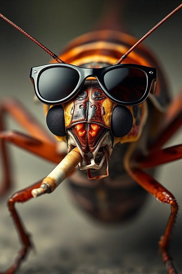 Portrait of cockroach with a cigarette in mouth and sunglasses