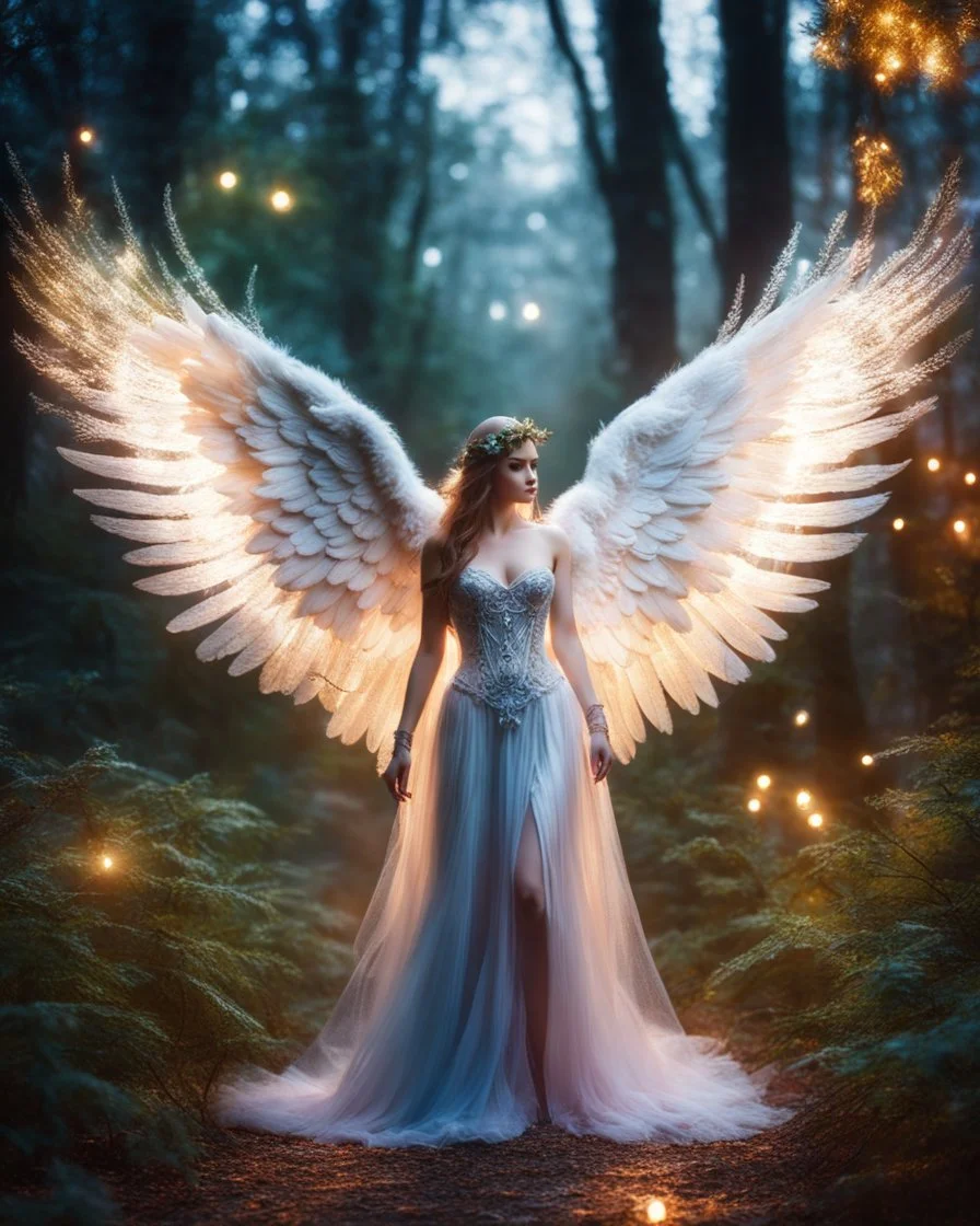 Beautiful Angel in Magical Forest full of lights colors, Photography Art Photoshoot Art Cinematic Soft Blur Colors - Dramatic Pose