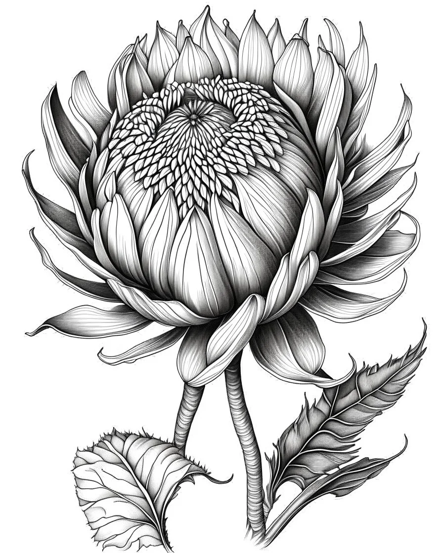 real massive only Protea flower, coloring page, no leaves, full body (((((white background))))), only use an outline., real style, line art, white color, clean line art, white background, Sketch style