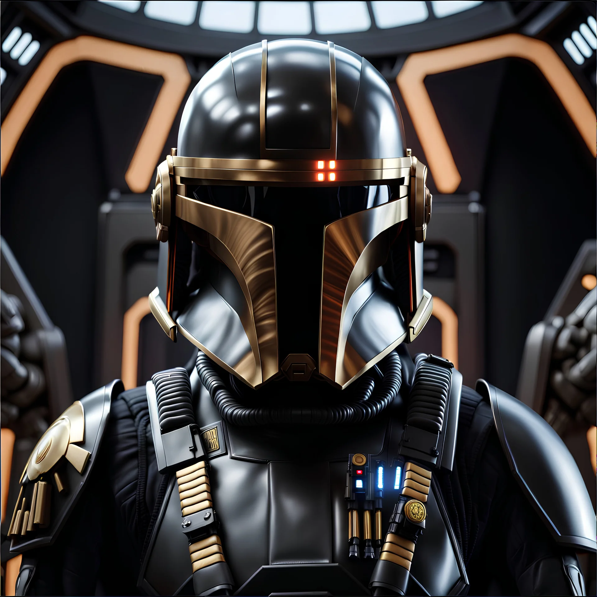 star wars bald male corellian pilot wearing dark gunmetal grey and black First Order special forces TIE pilot armored flightsuit and helmet with gold trim inside the jedi temple, centered head and shoulders portrait, hyperdetailed, dynamic lighting, hyperdetailed background, 8k resolution, volumetric lighting, light skin, fully symmetric details