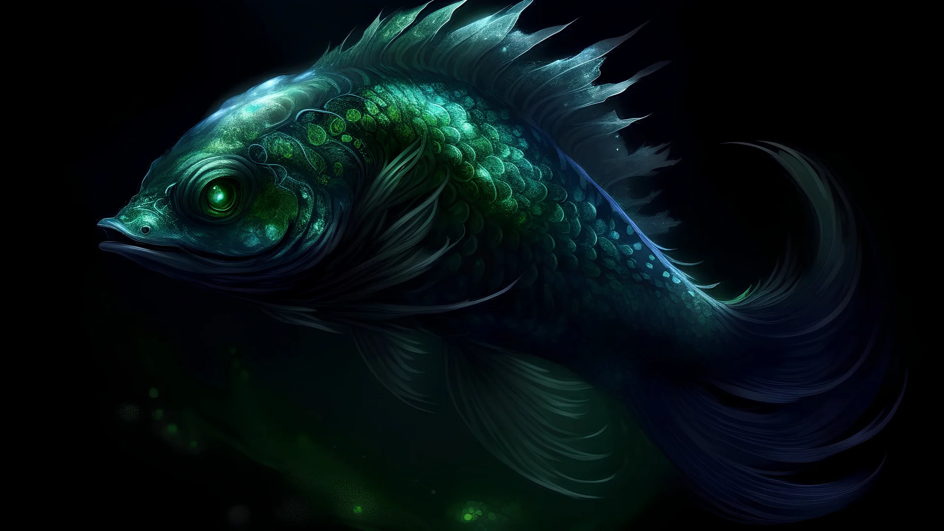 A hauntingly beautiful fish-like creature, driven by dark waves, whose elegant, shadowy form glides through murky waters. The creature's scales shimmer with an otherworldly iridescence and its eyes glow with an ethereal light. The background is a swirl of dark blues and greens, evoking a sense of mystery and depth.