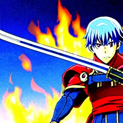 fire emblem, anime, screenshot, ova, 90s anime, marth, boy, blue hair, prince, sword, fantasy setting, fire emblem marth, fullbody, with background