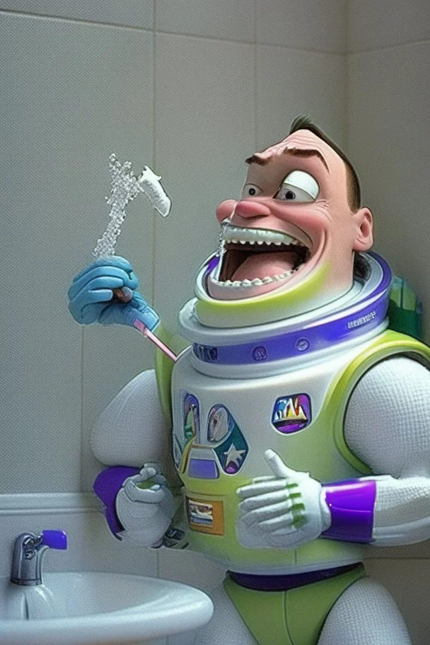 Buzz Lightyear from Toy Story brushing his teeth