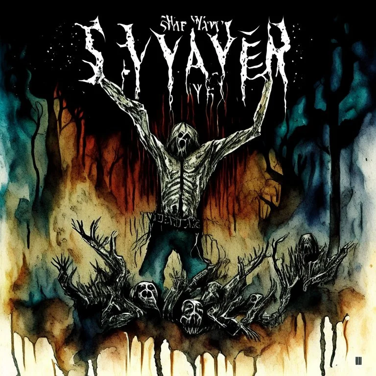 Title "SLAYER" heavy metal cover art, watercolor and ink illustrated, depiction of lyrics (Dance with the dead in my dreams Listen to their hallowed screams), by Arturo Souto, unsettling, surreal, sinister, profound, dramatic, macabre