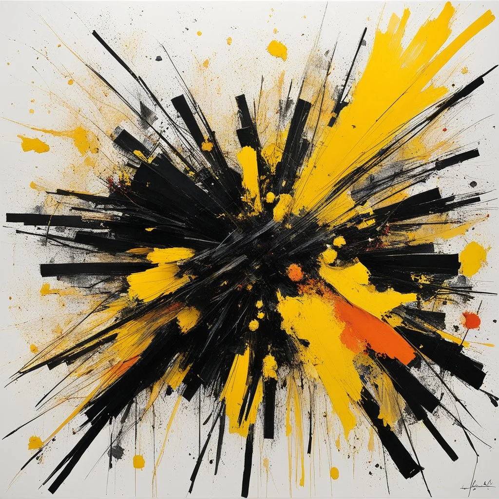 (by jean-paul riopelle) multiple bands of yellow splash, exploded on the wall, with orange rays,
