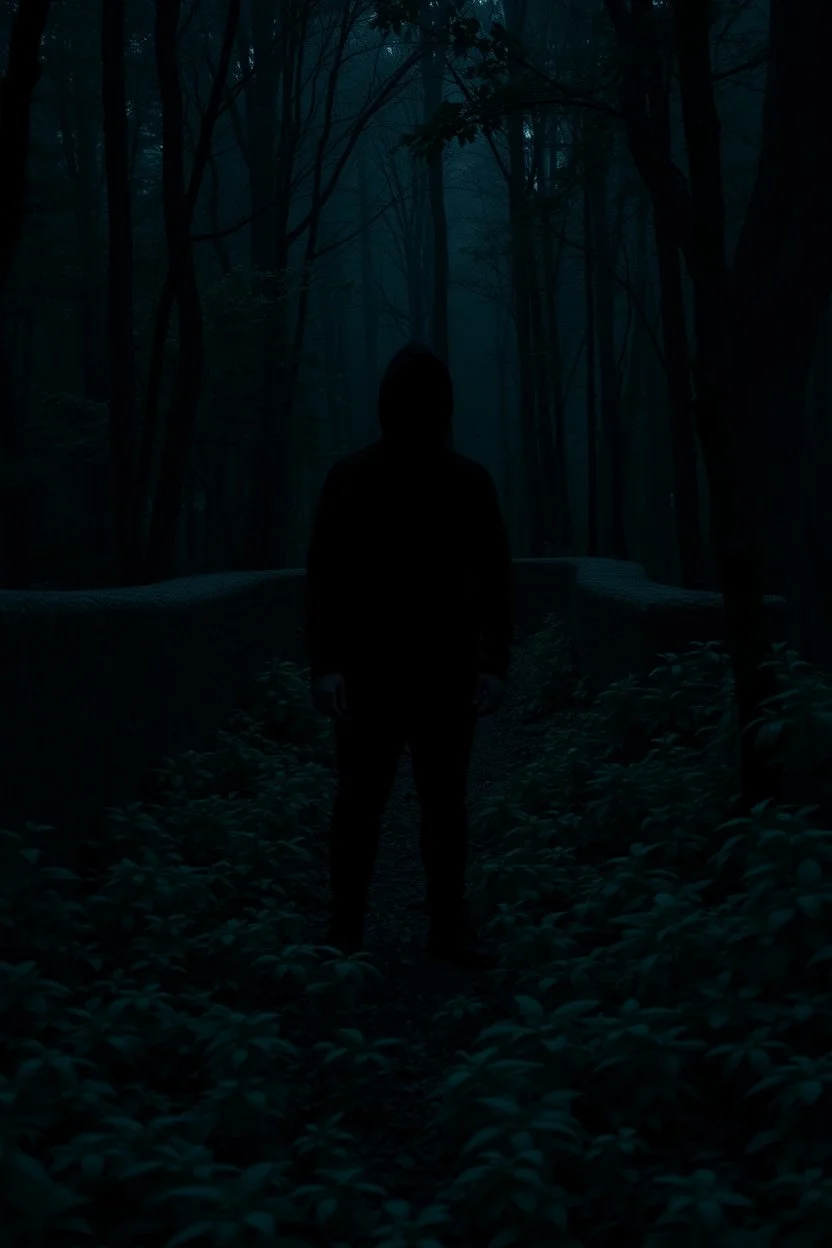 A dark shadow standing in a dark and quiet forest with lots of plants and vegetation