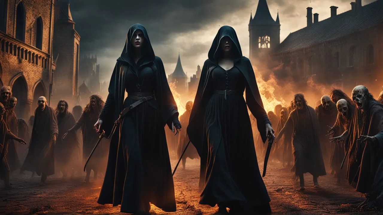 a horrifying female sorcerer in black cloth leading an army of rotting zombies through a burning medieval city. the apocalypse. magic in the sky. fantasy setting. blood. intense horror. blind terror. scared to death. a masterpiece, fantasy concept art, dynamic lighting, hyperdetailed, intricately detailed, deep color, Unreal Engine, volumetric lighting, Epic cinematic brilliant stunning intricate meticulously detailed dramatic atmospheric maximalist digital matte painting