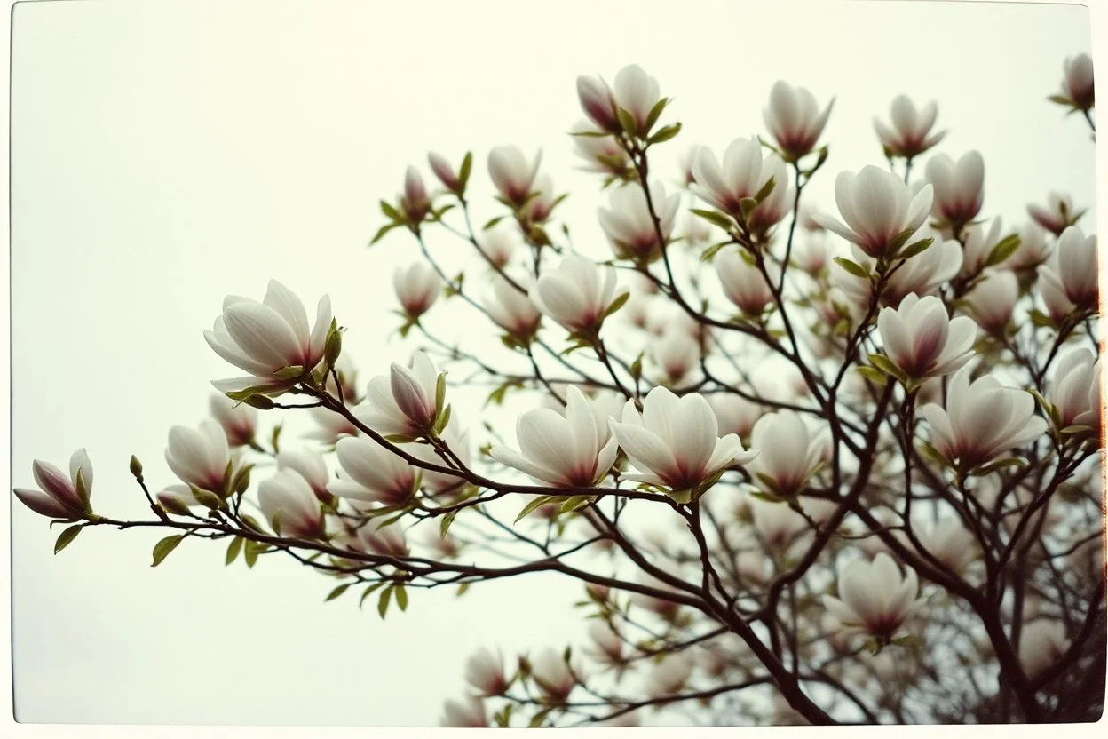 Melancholic, ultra-realistic vintage polaroid photograph of a The magnolia tree, soft light of a cloudy sky, atmosphere of quiet sadness and timeless beauty, cinematic, hyper-detailed, emotional and mesmerizing, bloom, lo-fi